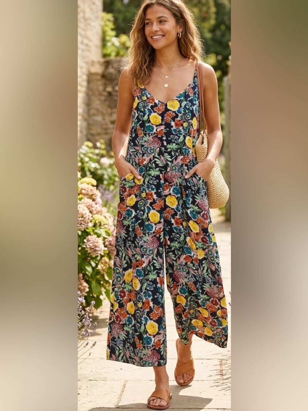 Natural Life Floral Wide Leg Sleeveless Cropped Jumpsuit Multicolor XL NEW